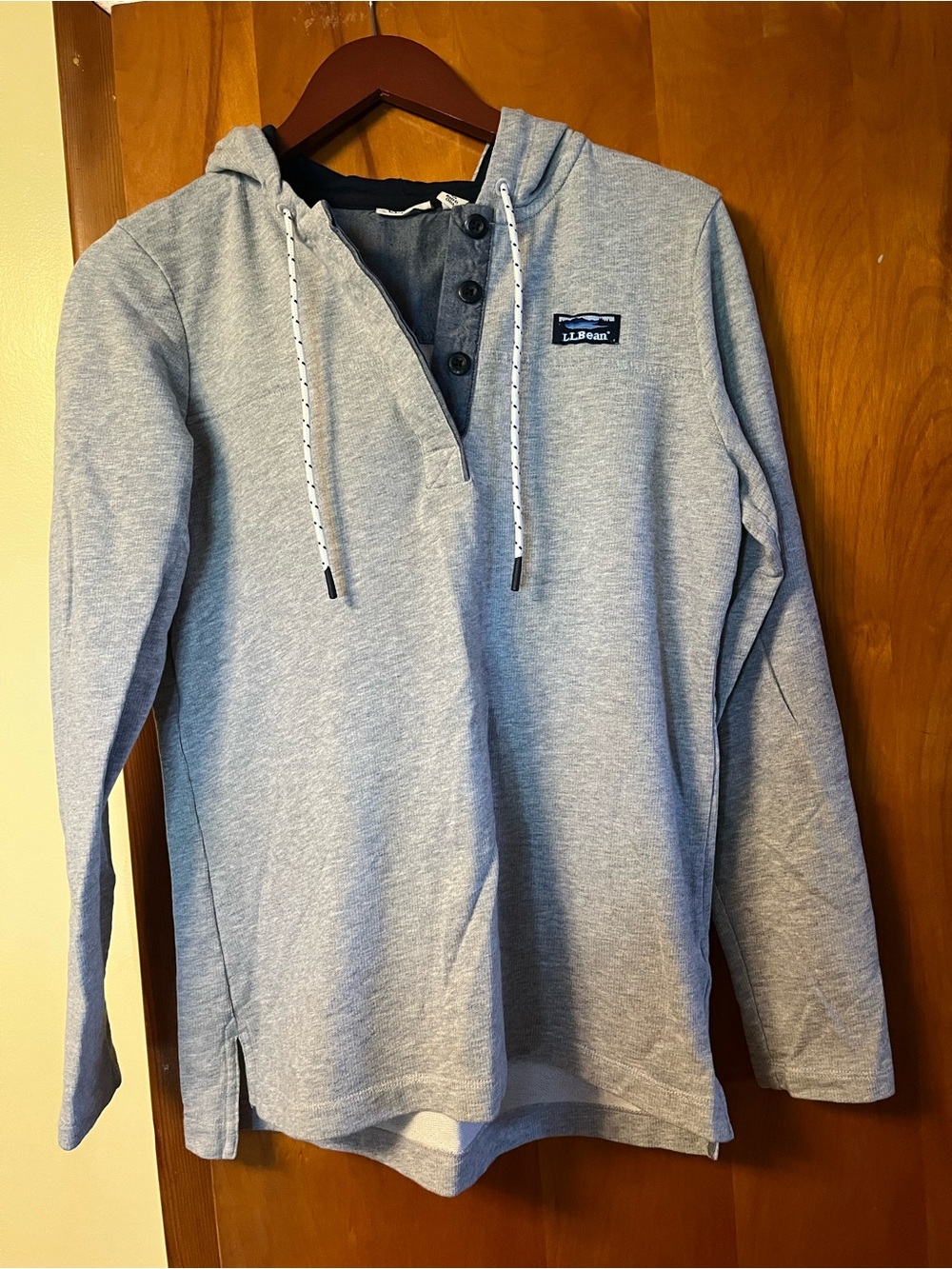 L.L. Bean Light Gray Hooded Henley Pullover with Contrast Drawcords
